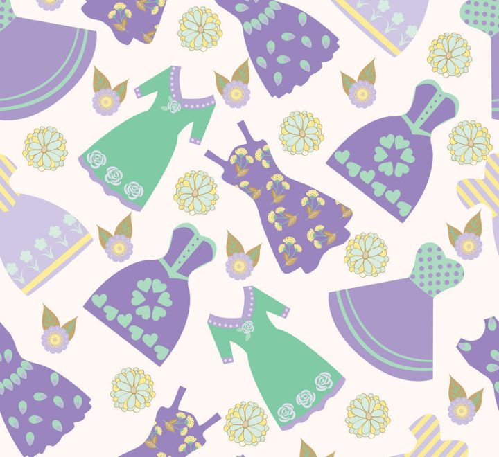 Vector illustration background   with various women's clothing fashion dresses. Graphic hand-drawn cute of dresses